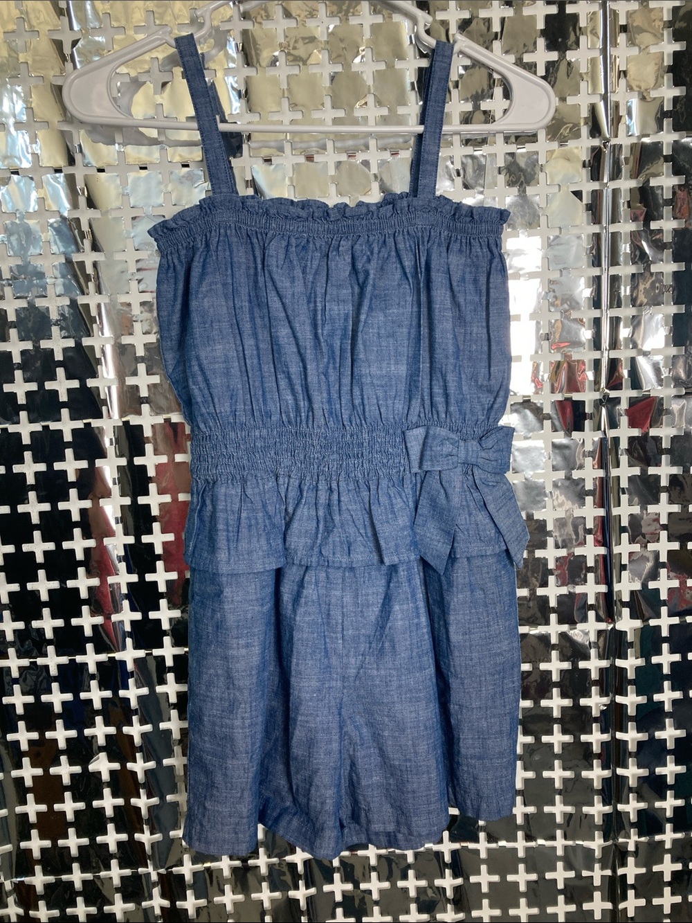 Hope & Henry Blue Chambray Smocked Romper with Side Bow